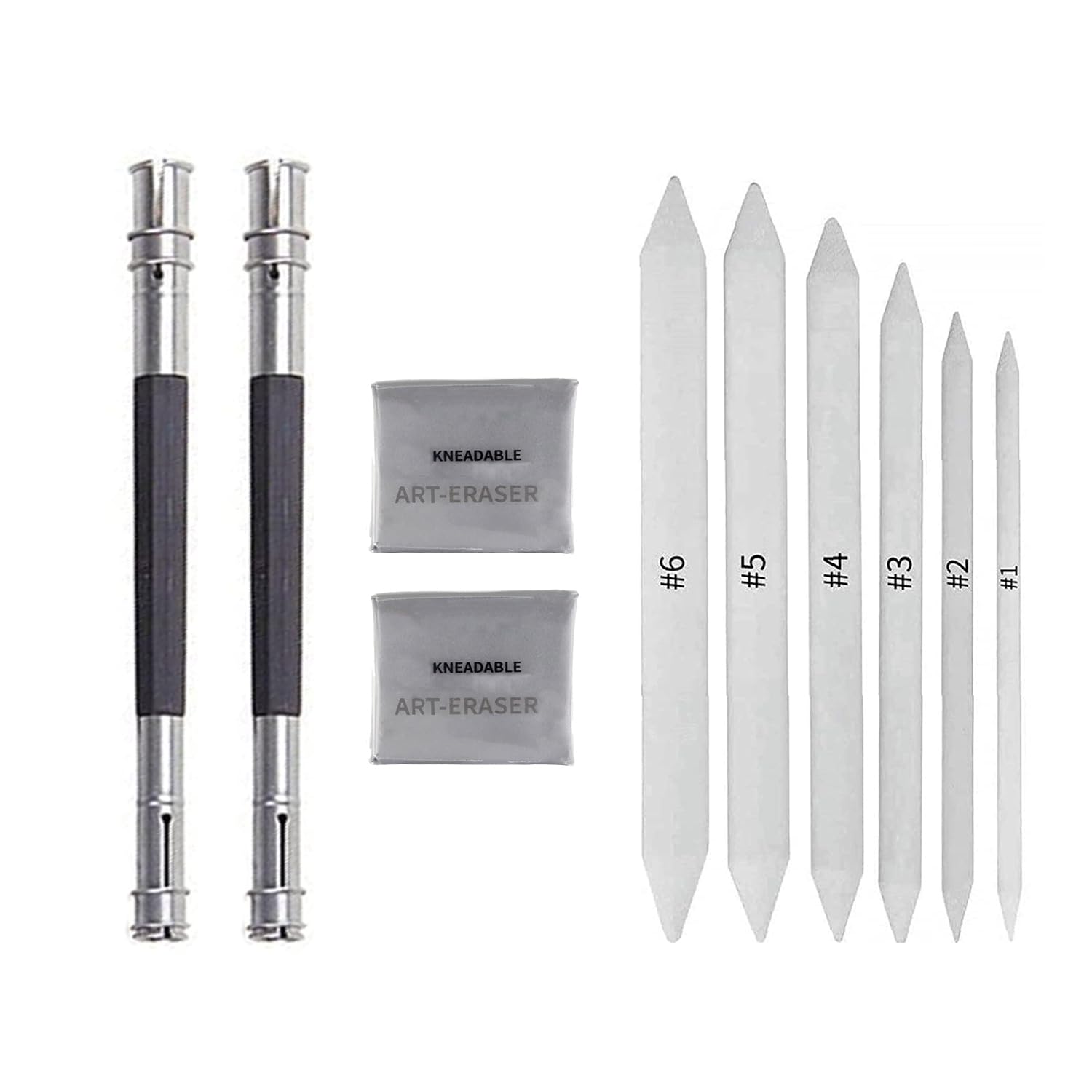Set Of 10 pc Sketching Art Tools kit Of Blending Stumps, Pencil Extender, Kneadable Art Eraser For Tortillions Paper Art, Charcoal Sketch Drawing for Artists Students and Professionals