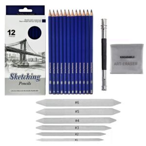 Sketching Kit - 20 Pcs Beginners Sketch & Drawing Tool KitArt Set -Includes 12 Graphite Pencils, 1Pc Kneadable Eraser, 1Pc Pencil Extender & 6 Pc Blending Stumps