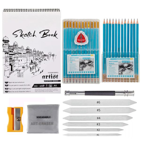 Sketching Kit - 22 Pcs Beginners Sketch & Drawing Tool Kit Art Set -Includes 12 Graphite Pencils, 1Pc Kneadable Eraser, 1Pc Pencil Extender,1 Pc A5 Sketch Book, 1 Sharpener & 6 Pc Blending Stumps